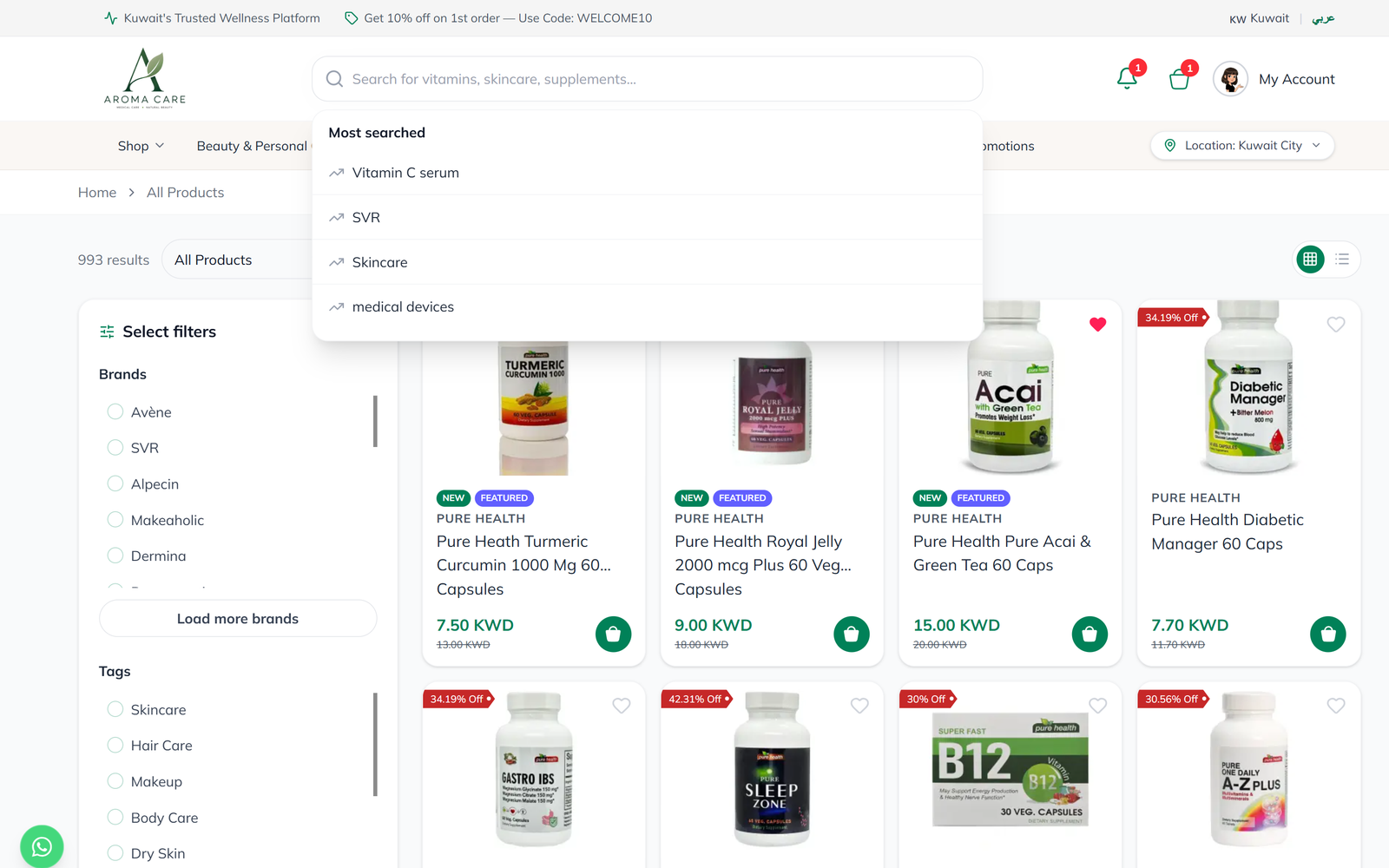 Aroma Care desktop search open with a Most searched list over the deals carousel.