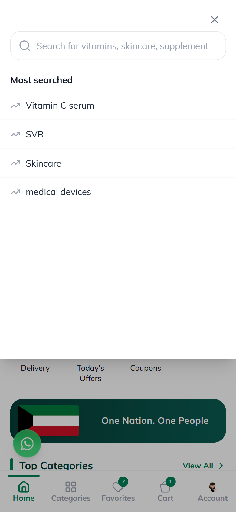 Aroma Care mobile search overlay listing most-searched terms above the keyboard.