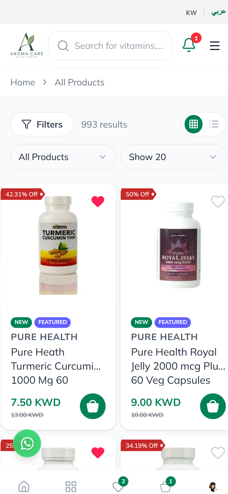 Aroma Care mobile shop grid of supplement cards with prices in KWD and add-to-cart buttons.